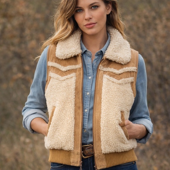 Jackets & Blazers - Vintage Sherpa Western Vest Suede Trim Made In Taiwan Size Small